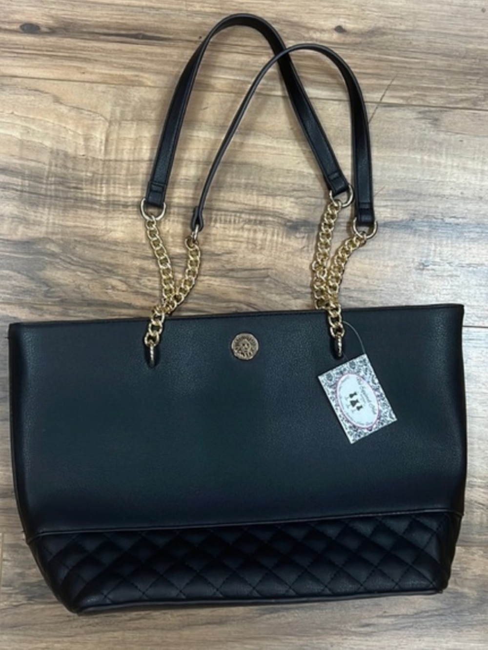 Anne Klein Black Leather Shoulder Tote with Gold Chain Straps